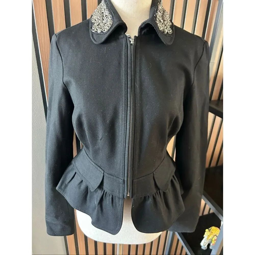 INC Black Military Style Peplum Jacket - Beaded Embellished Collar Size: xs